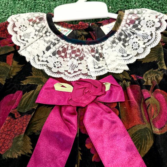 Vintage 80s Jo Joe Fashions Jumpsuit Girls 18 Months Velvet Floral Lace Collar - Picture 4 of 5